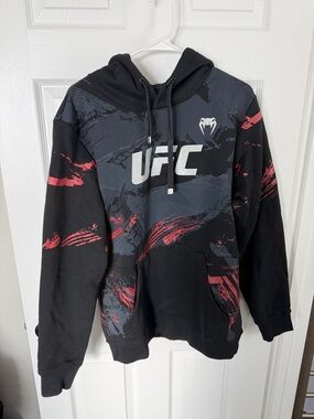 UFC Black Hoodie with Gray Panels & Red Accents